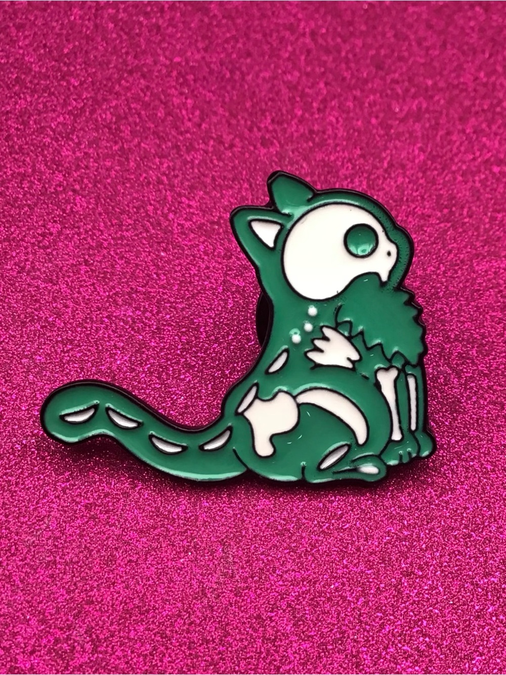Green Skeleton Cat Enamel Pin